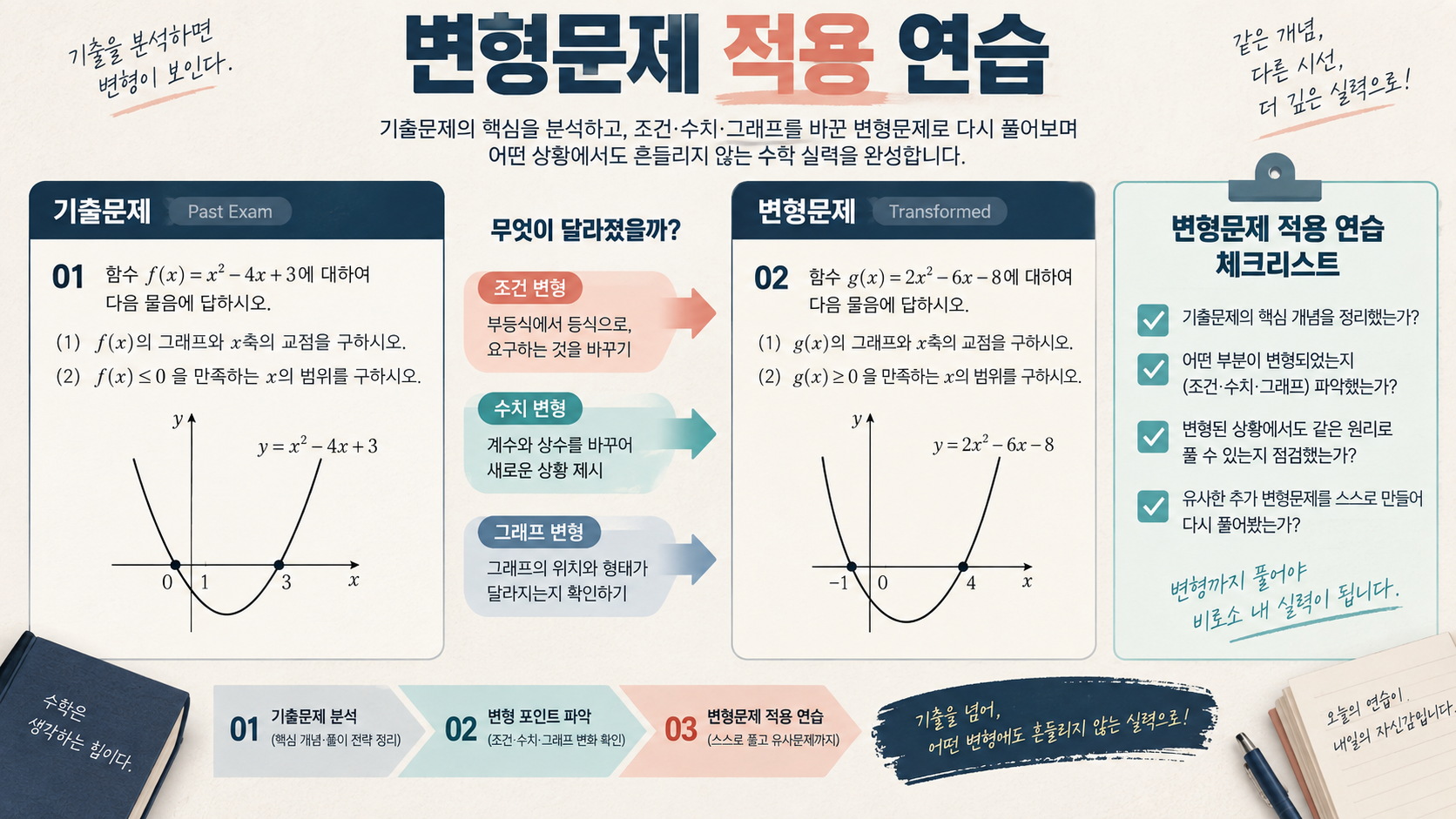 변형문제 적용 연습을 설명하는 수학 정보카드