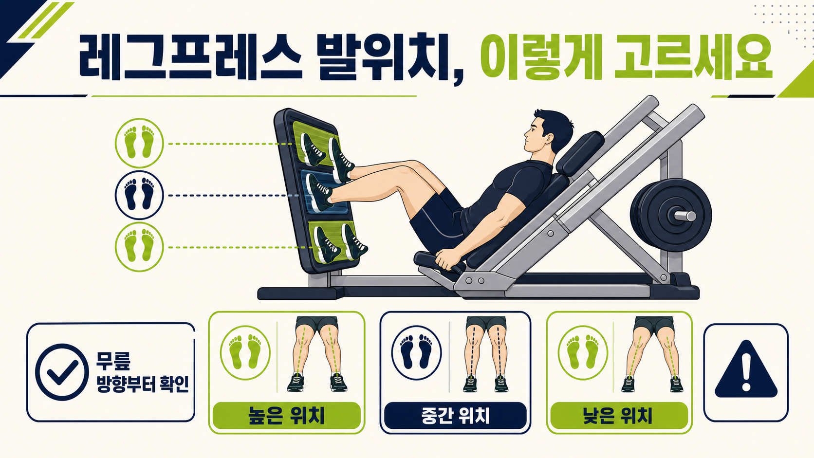 레그프레스 발위치의 높은 위치 중간 위치 낮은 위치와 무릎 방향 확인을 보여주는 한국형 정보카드