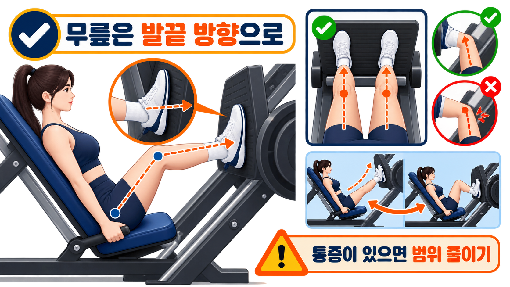 레그프레스에서 무릎이 발끝 방향을 따라가고 통증이 있으면 가동범위를 줄이는 안전 체크 정보카드