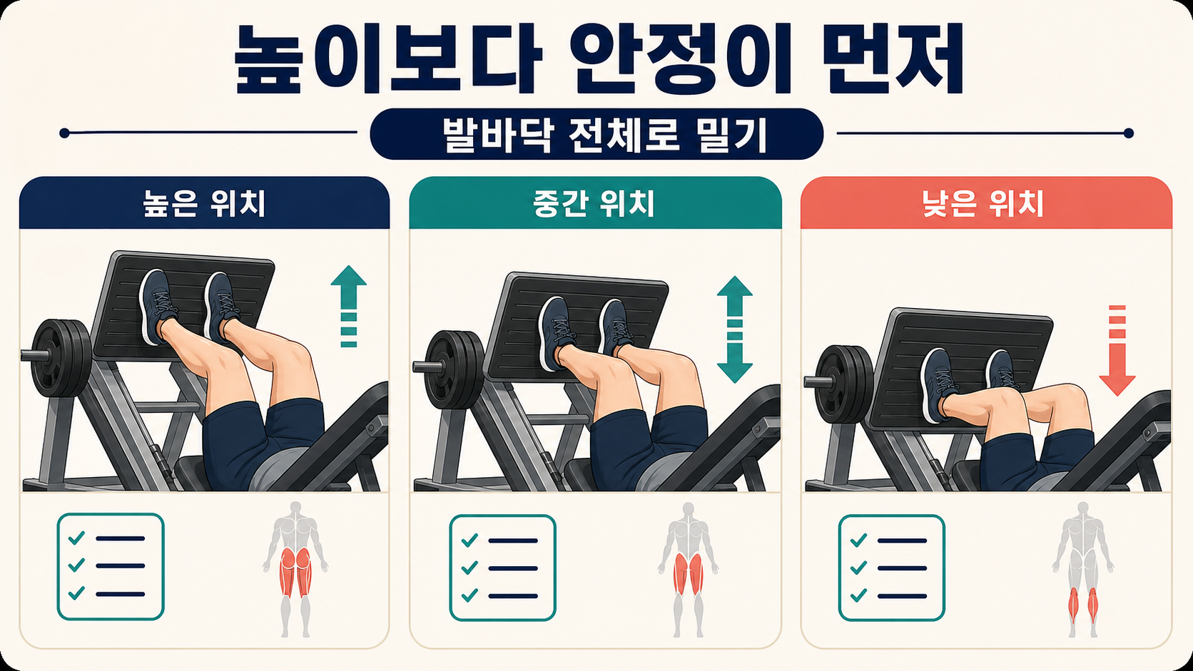 레그프레스 발판의 높은 위치 중간 위치 낮은 위치를 비교하고 발바닥 전체로 미는 법을 보여주는 정보카드