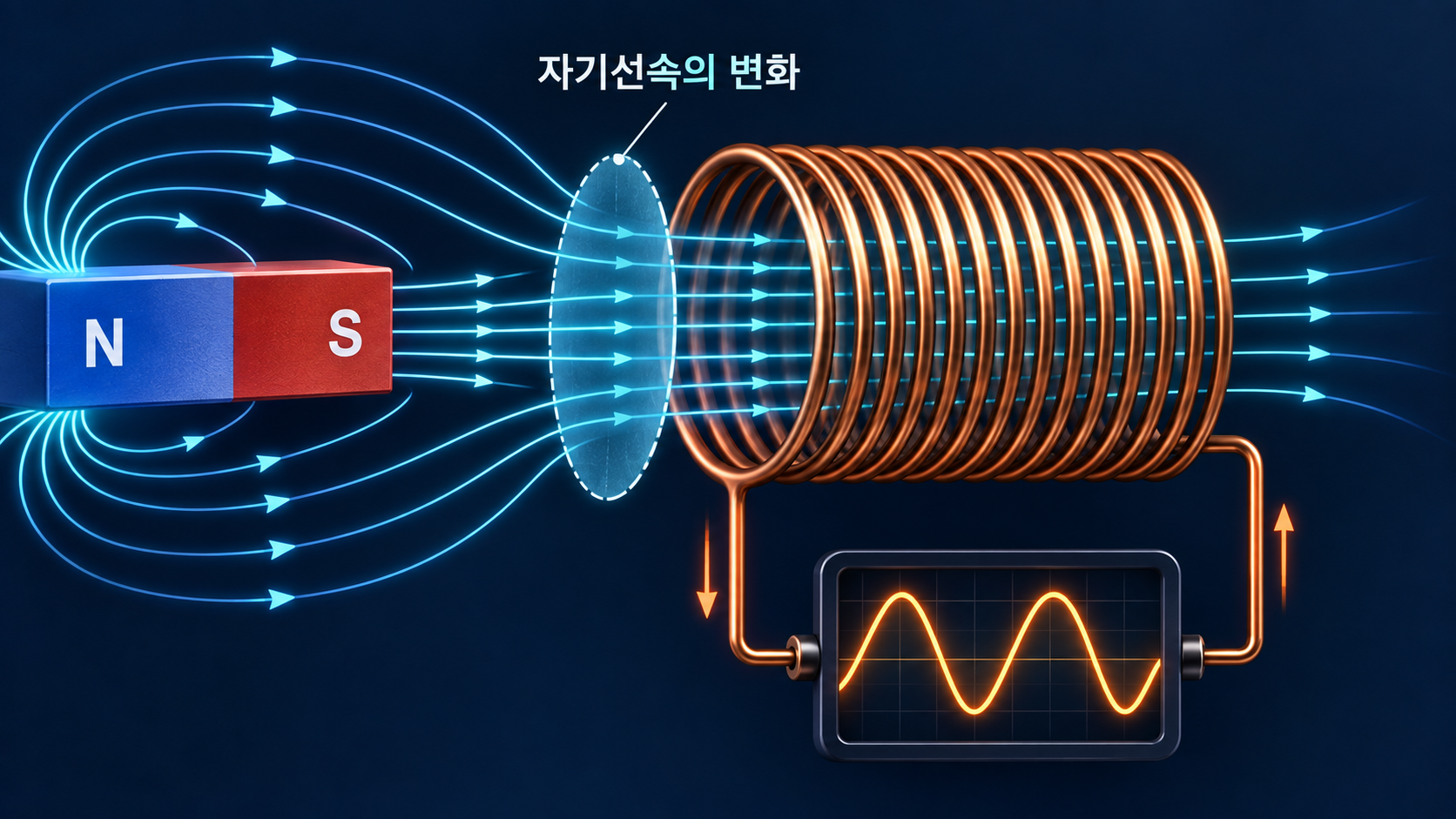 자기선속 변화와 코일 유도 전압을 보여 주는 페러데이 법칙 정보카드
