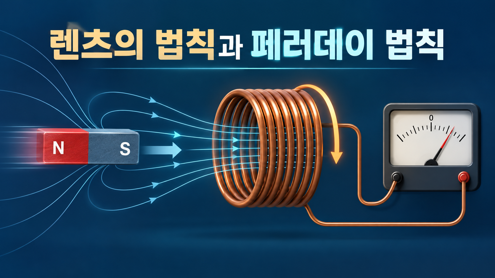 자석과 코일, 검류계로 렌츠의 법칙과 페러데이 법칙을 설명하는 정보카드