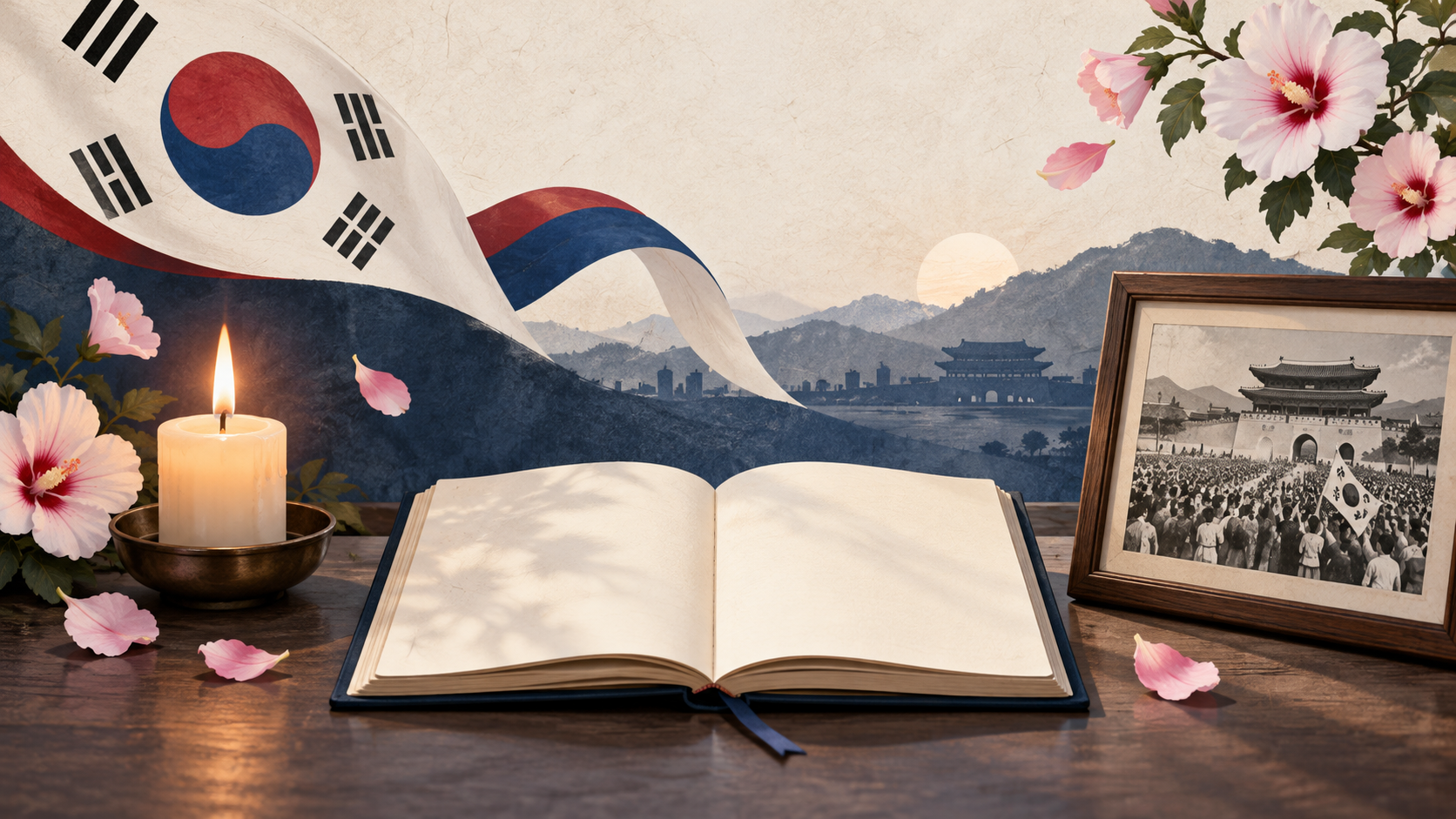 촛불과 기록 노트, 역사 사진이 있는 광복절 실천 정보카드