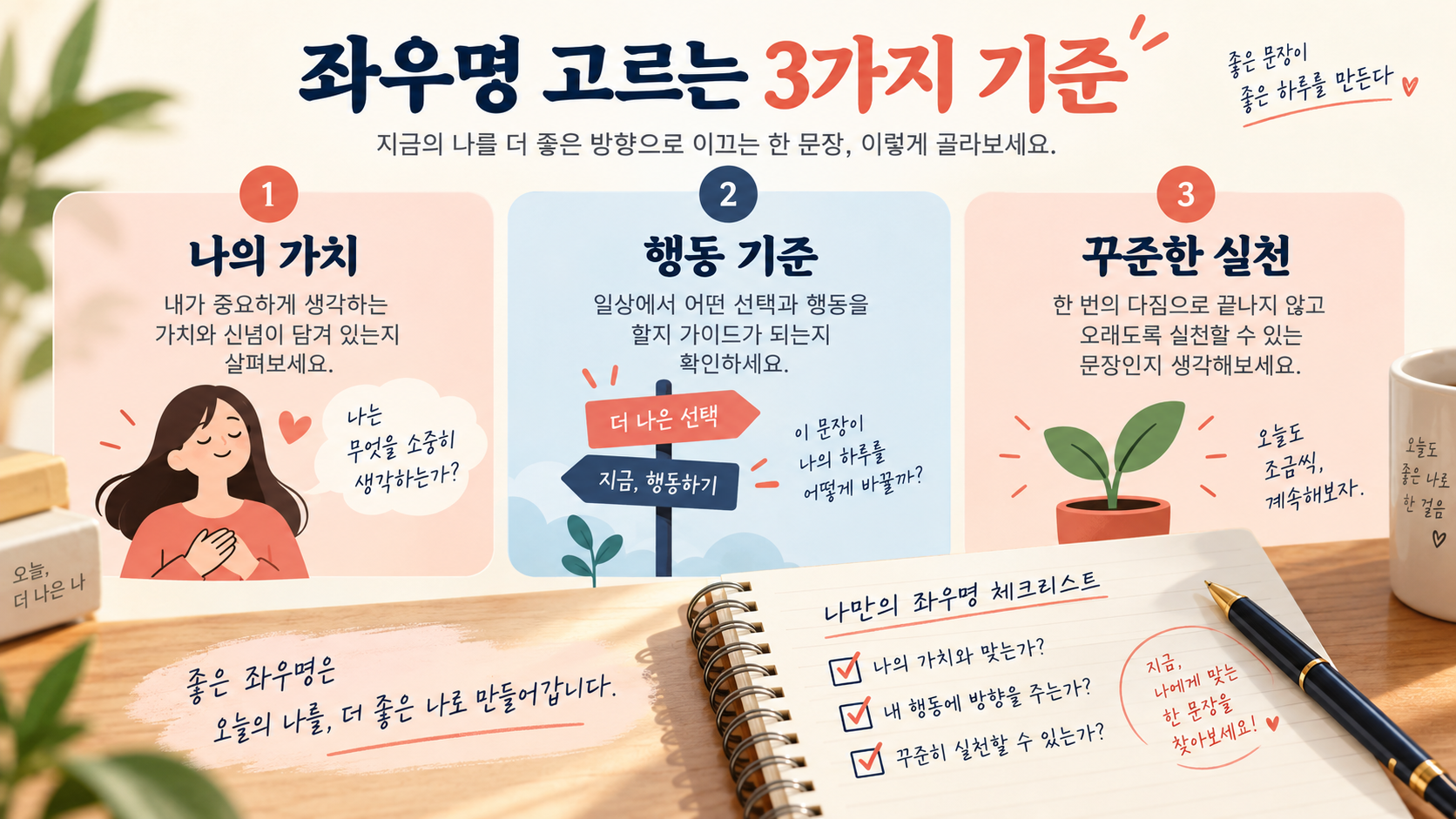 좌우명 고르는 세 가지 기준을 정리한 한국어 정보카드