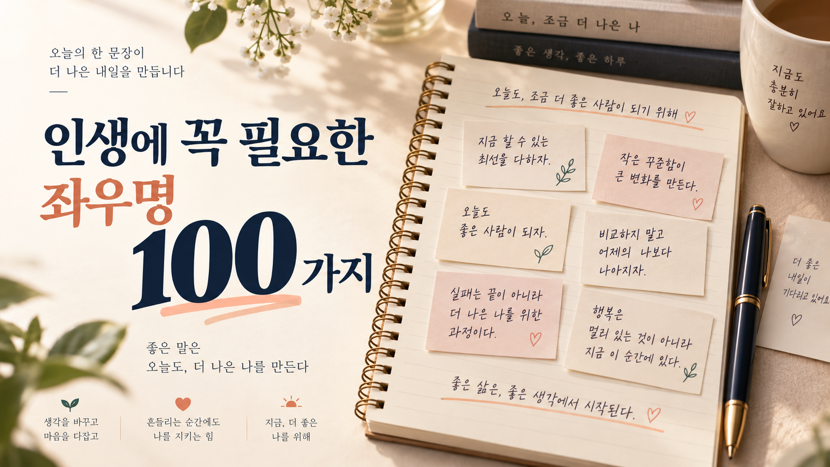 인생에 꼭 필요한 좌우명 100가지가 적힌 노트와 문장 카드