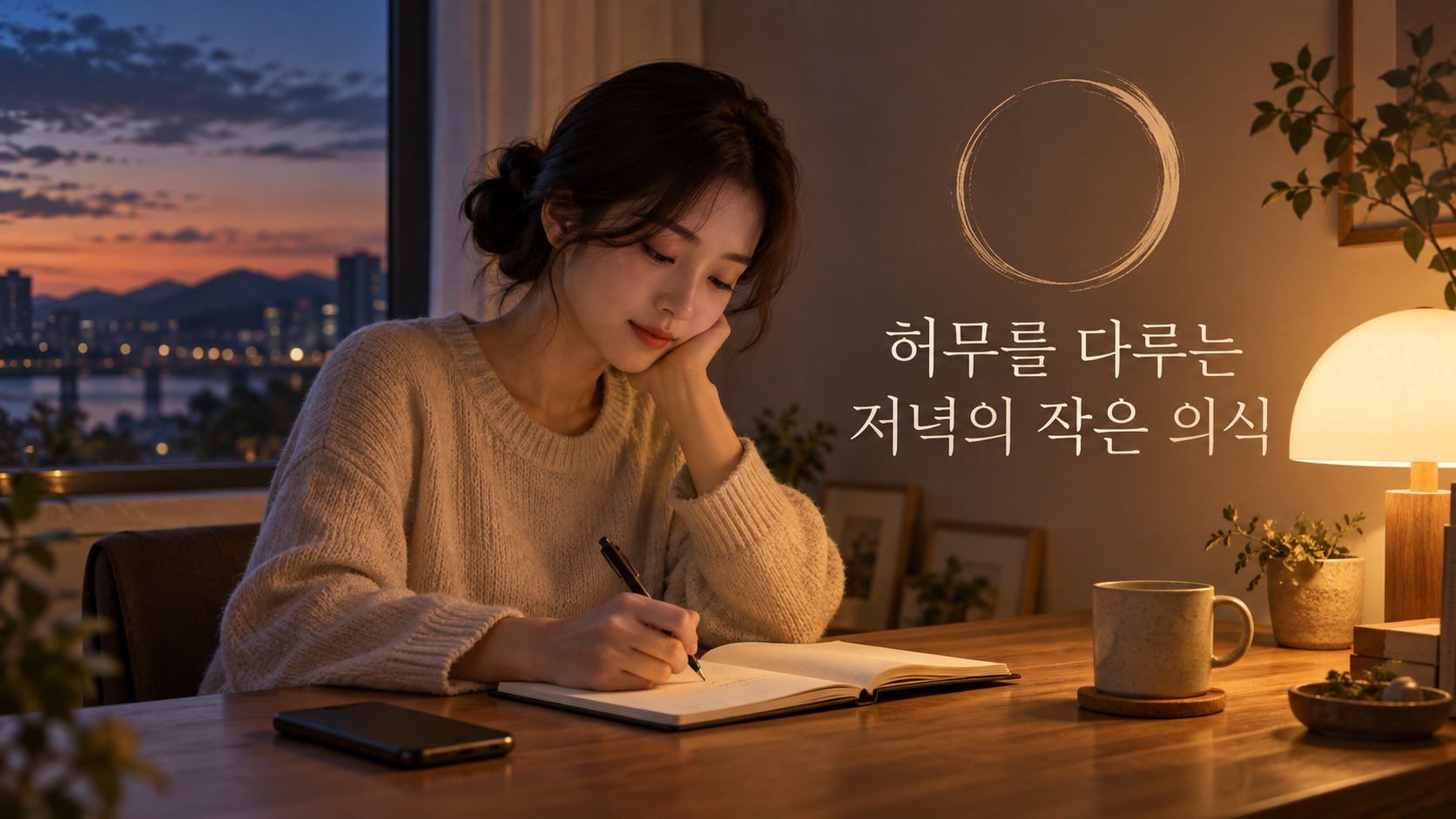 저녁에 노트에 마음을 적는 사람