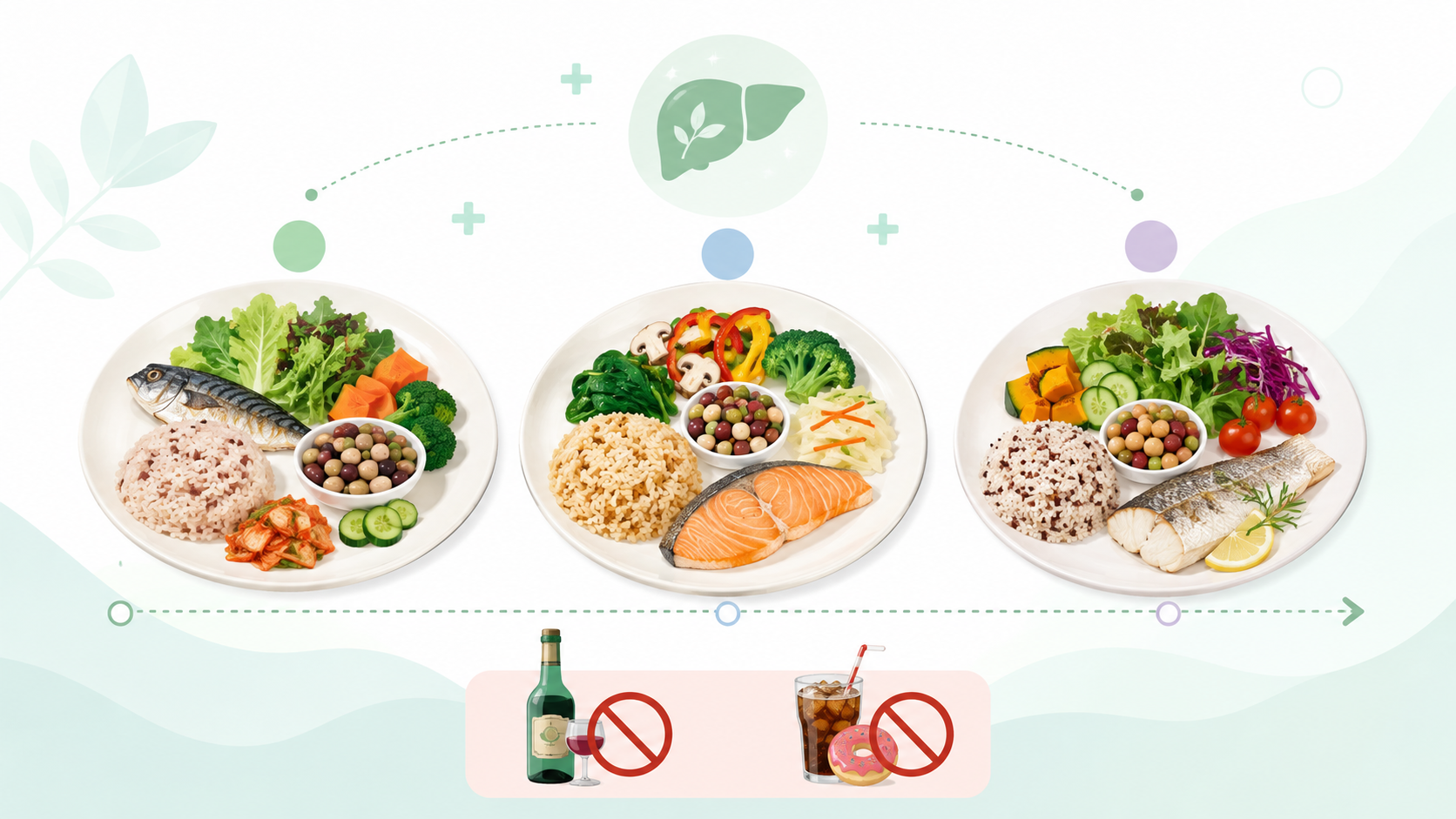 채소와 통곡물, 콩류와 생선을 담은 식사 패턴 일러스트