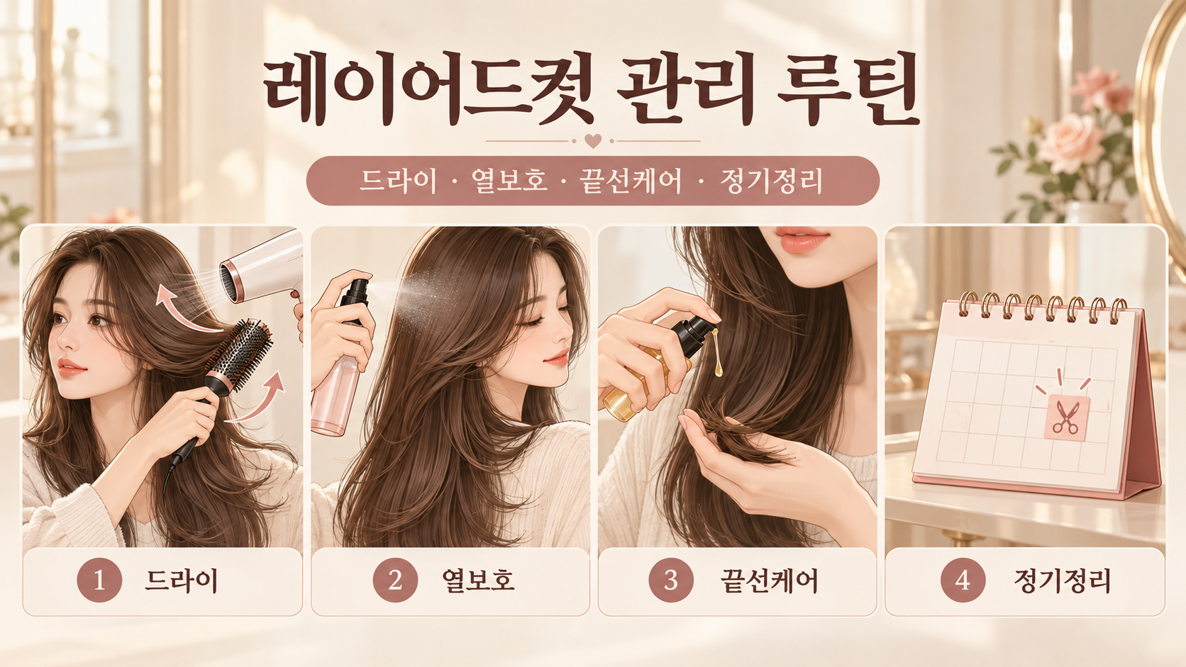 긴머리 레이어드컷 드라이와 관리 방법 정보카드