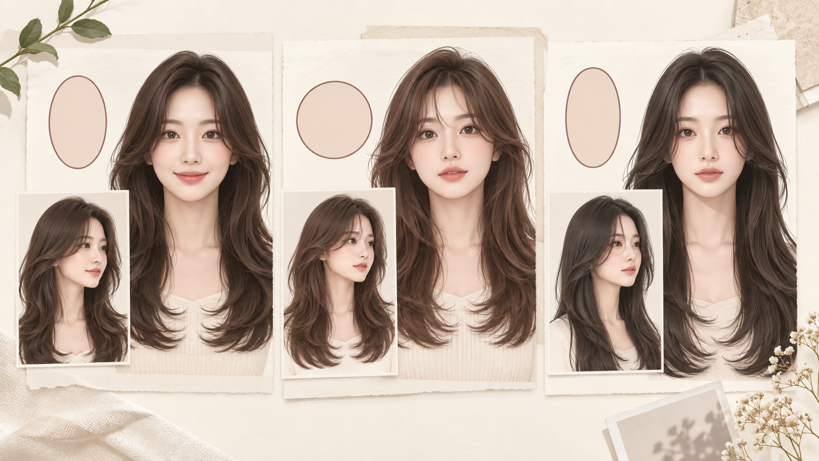 긴머리 레이어드컷과 얼굴형 비교 정보카드