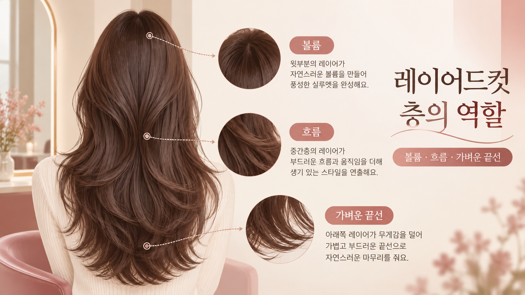 긴머리 레이어드컷 층과 끝선 설명 정보카드