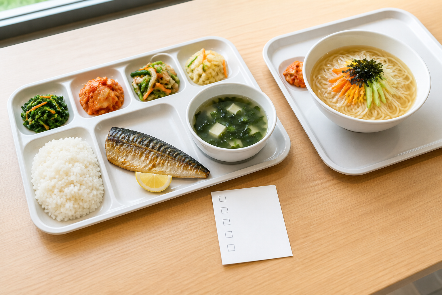 균형 잡힌 점심 식사와 빈 체크리스트