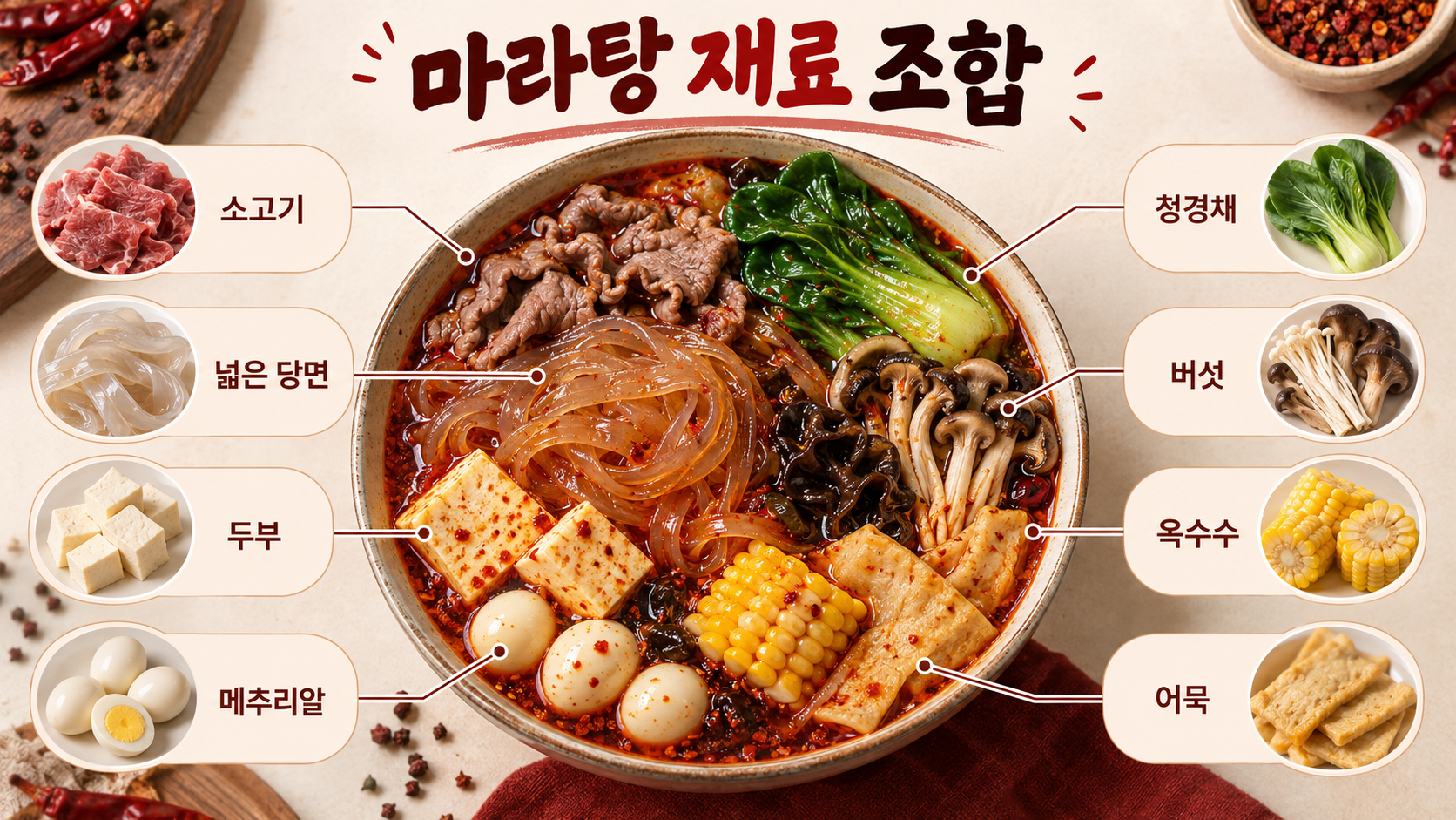 마라탕 재료 조합을 보여주는 한국형 정보카드
