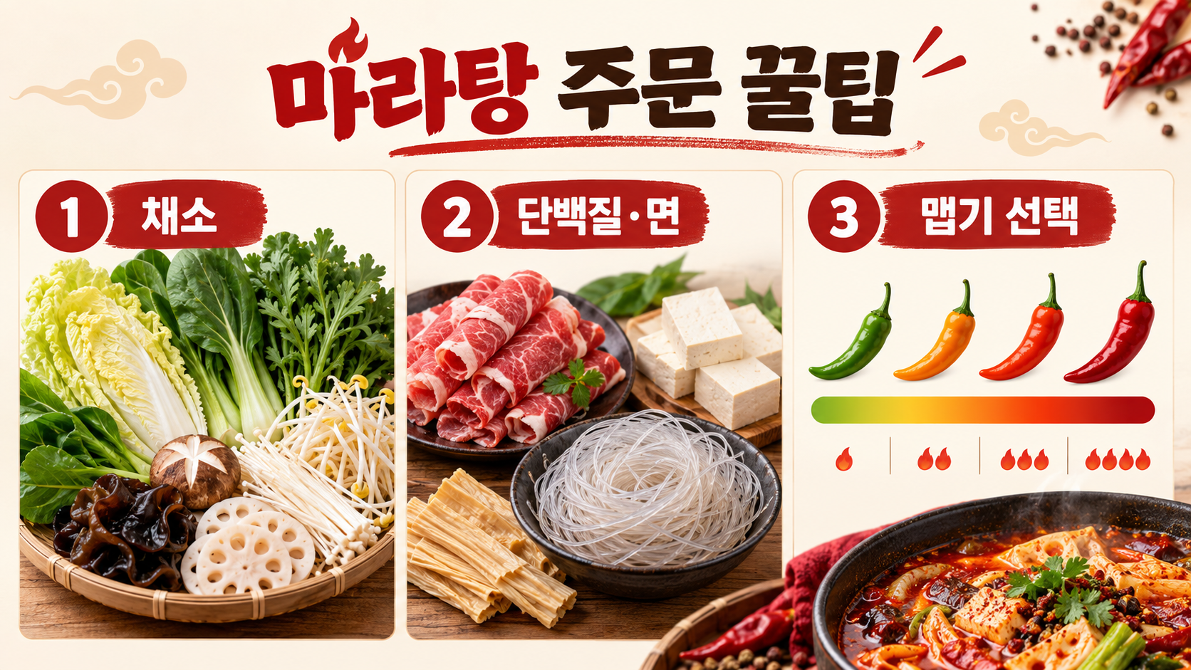 마라탕 주문 순서와 맵기 선택을 안내하는 한국형 정보카드