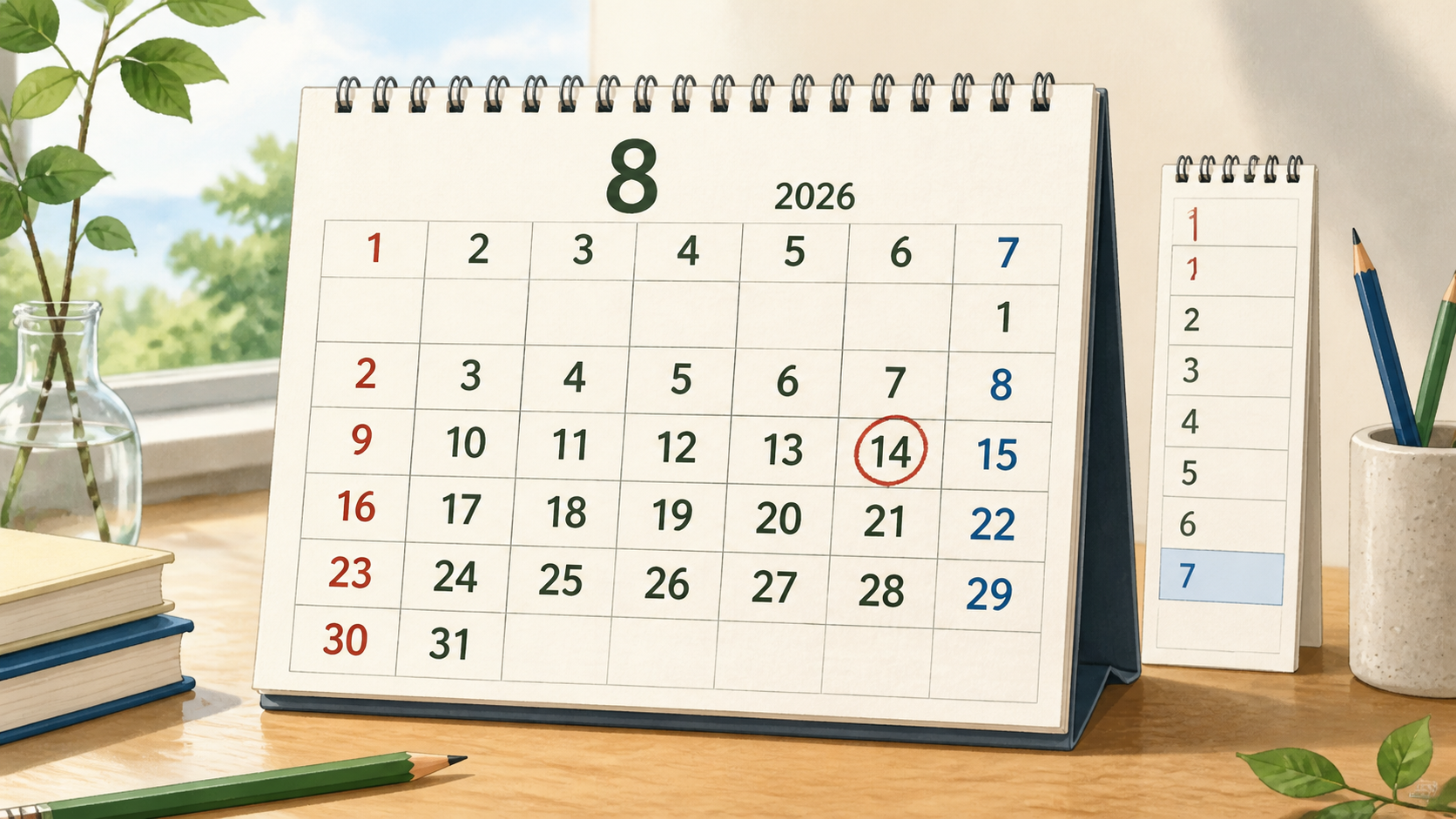 2026년 8월 달력에서 14일 금요일을 확인하는 모습