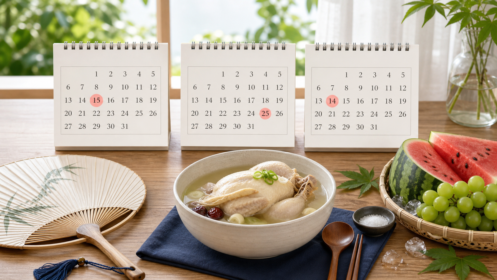 삼복 시기의 달력과 여름 보양식, 제철 과일을 담은 안내 이미지
