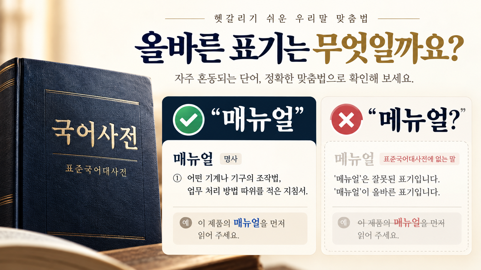 매뉴얼은 맞고 메뉴얼은 틀린 표기임을 비교한 한국어 맞춤법 정보카드