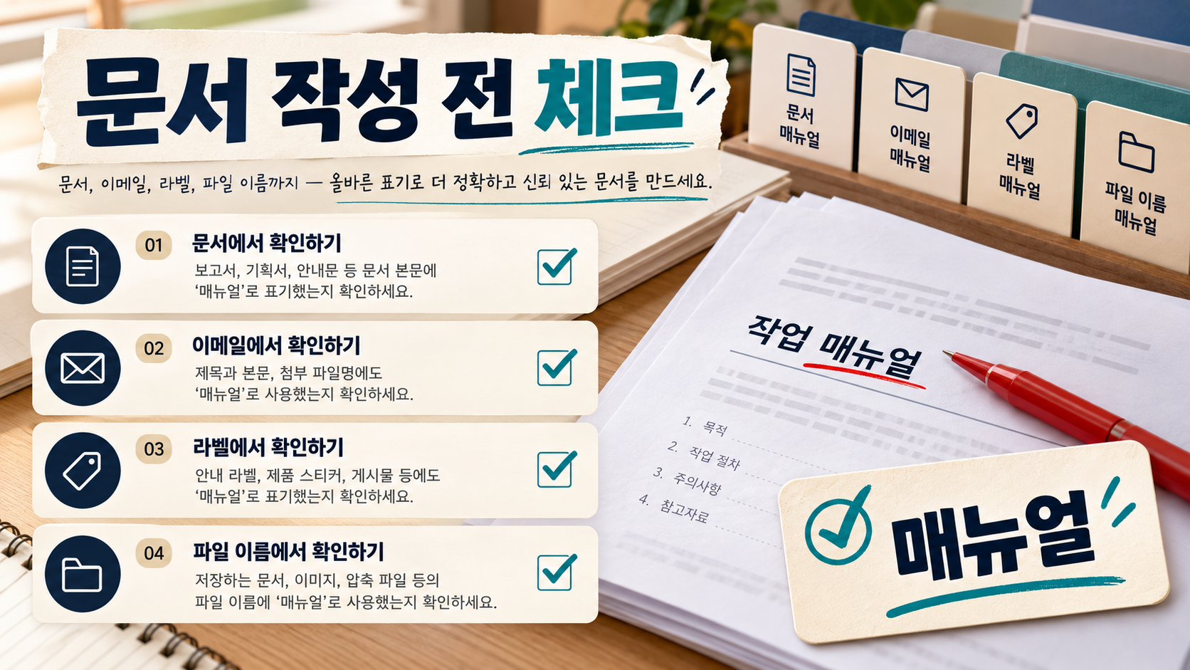 문서 작성 전 매뉴얼 표기를 확인하는 한국어 맞춤법 체크리스트 정보카드