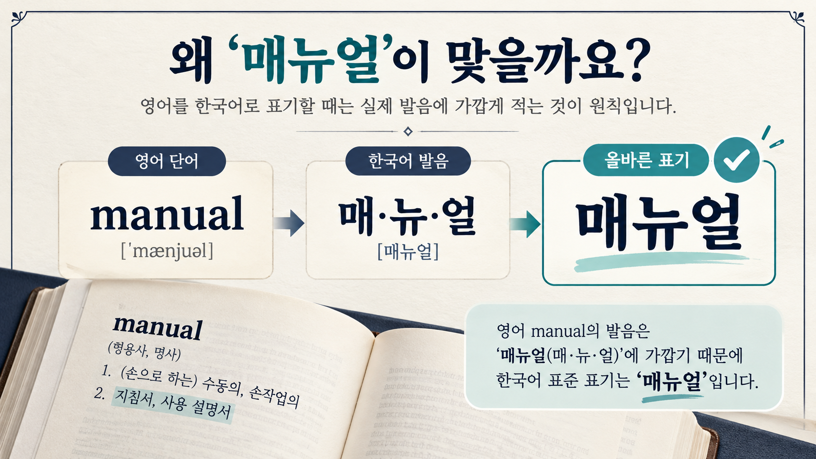 영어 manual에서 올바른 한글 표기 매뉴얼로 이어지는 과정을 보여주는 정보카드