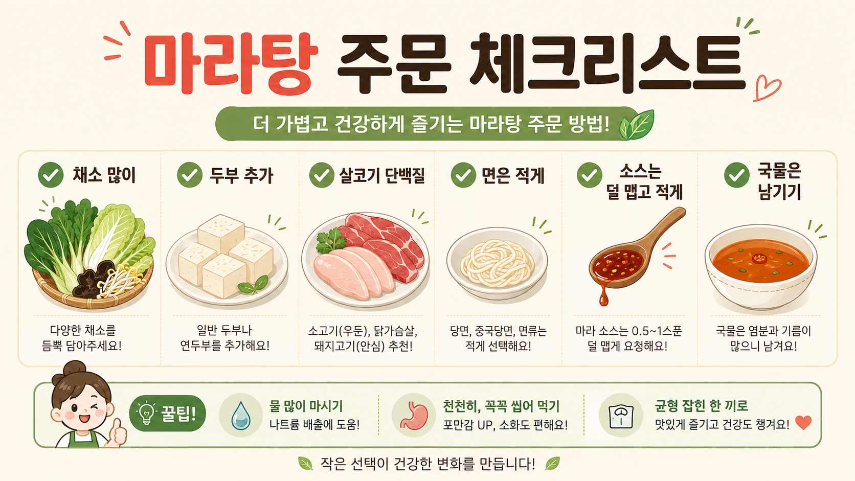 마라탕 주문 전 채소와 면, 소스를 확인하는 체크리스트 정보 카드