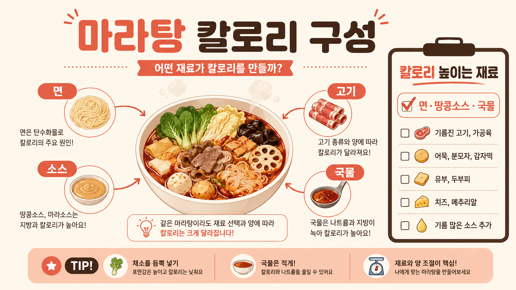 마라탕 칼로리를 높이는 재료와 소스, 국물 구성 요소 정보 카드