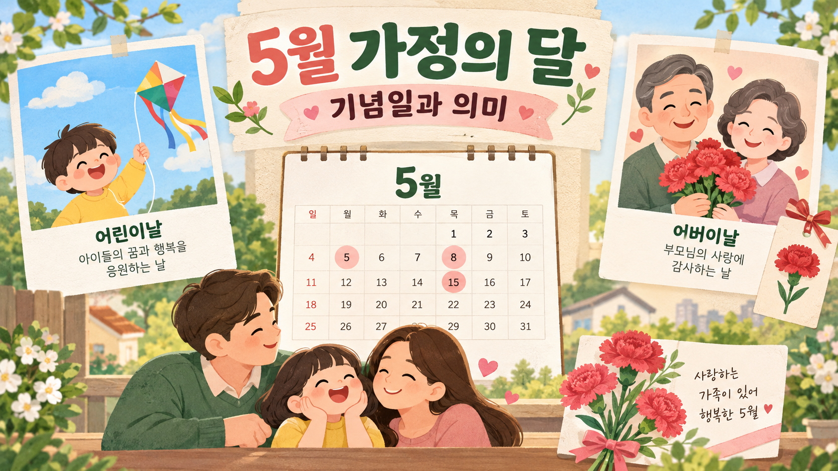 5월 가정의 달 기념일을 보여 주는 가족과 달력 정보카드