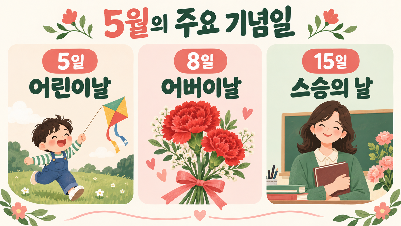 5월 주요 기념일 어린이날 어버이날 스승의 날 정보카드