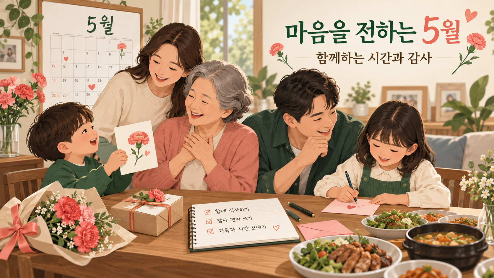 감사 편지와 식사를 준비하며 함께하는 가족 정보카드
