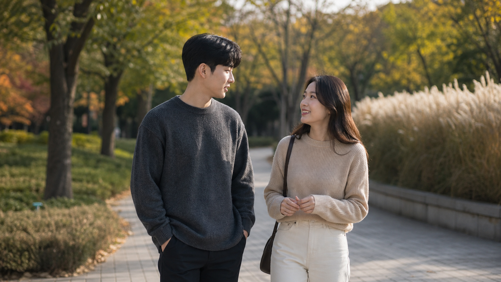 공원에서 편안하게 대화하며 걷는 두 사람