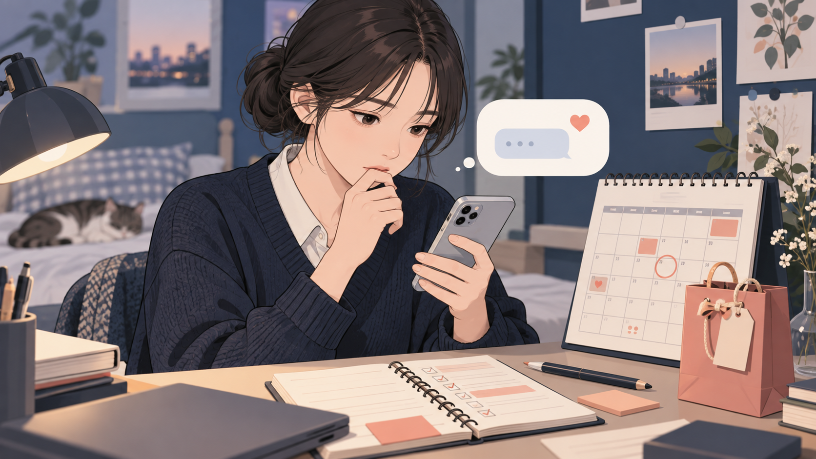 휴대폰 메시지와 달력을 살피며 약속을 준비하는 인물