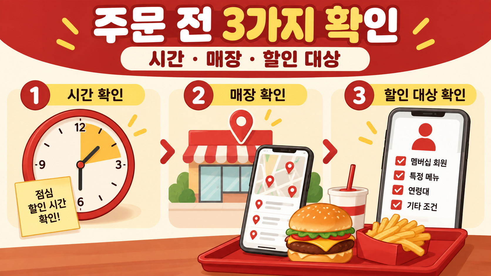 맥도날드 점심 주문 전 시간 매장 할인 대상을 확인하는 정보카드
