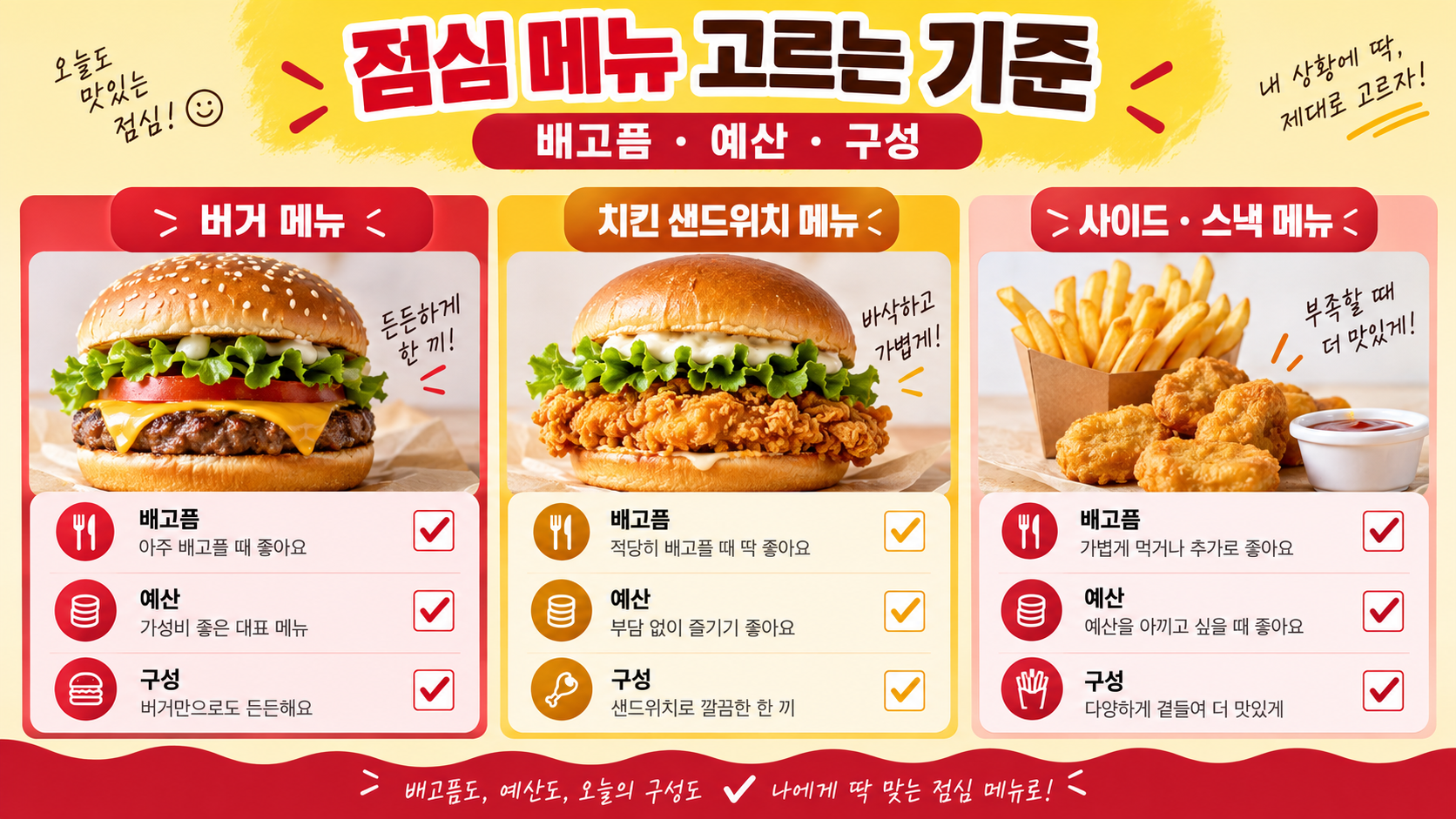 점심 메뉴를 배고픔 예산 구성으로 고르는 기준 정보카드