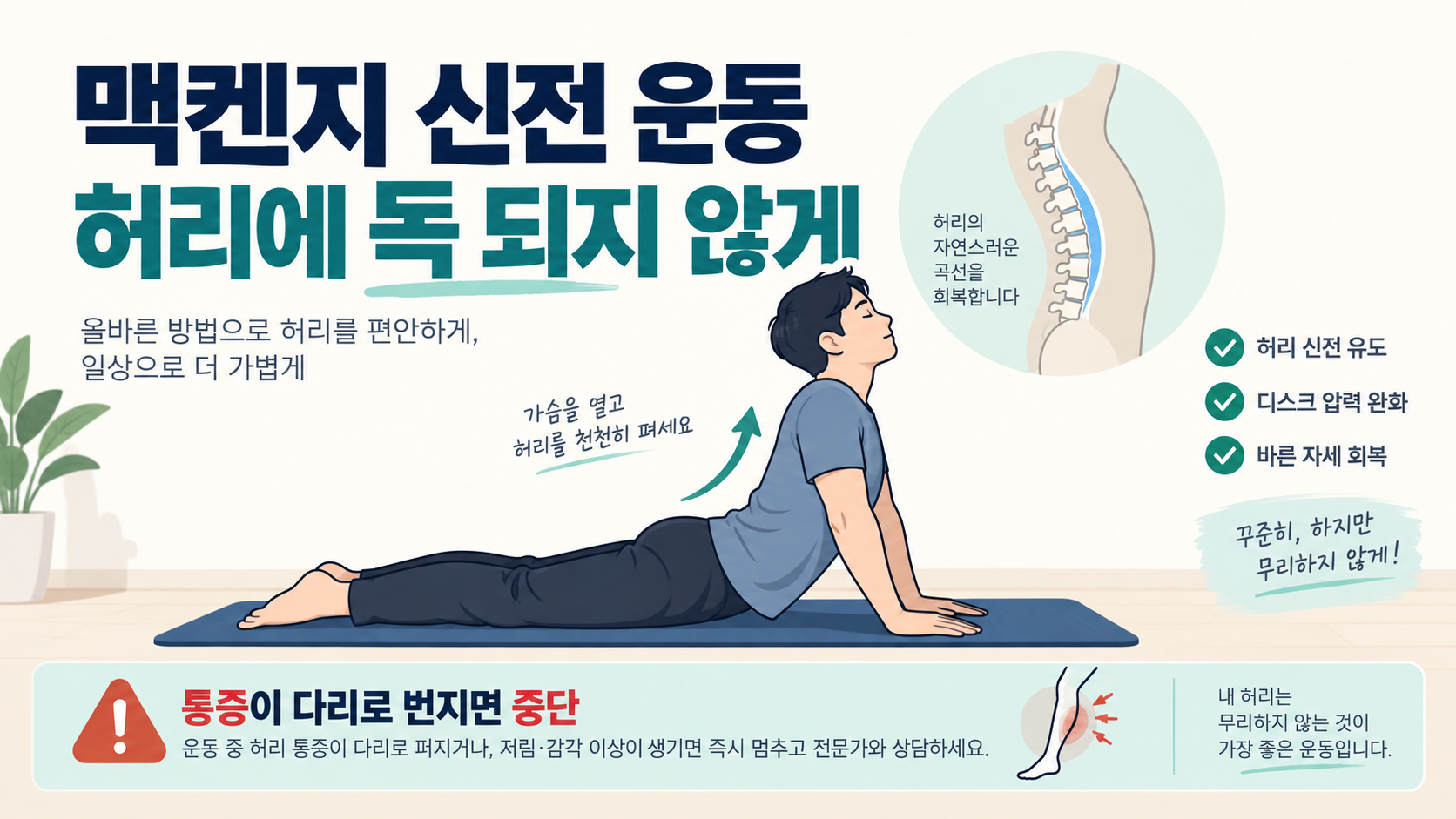 맥켄지 신전 운동을 허리에 무리 없이 하는 방법을 정리한 정보카드