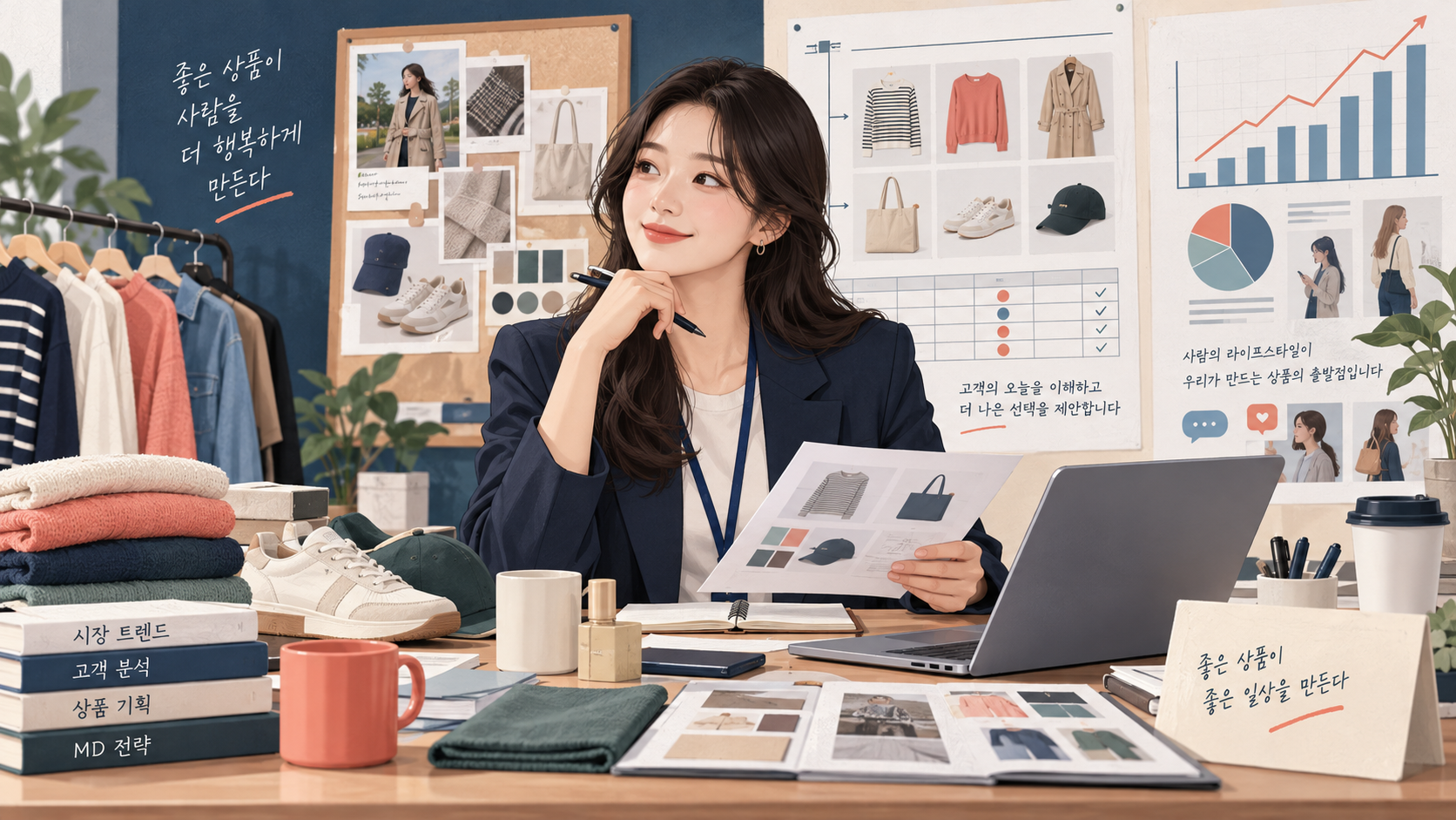 상품 샘플과 판매 데이터를 검토하는 MD 직무 정보카드