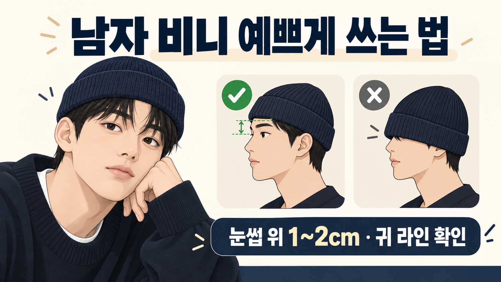 남자 비니를 눈썹 위 1~2cm에 맞춰 자연스럽게 쓰는 법을 보여 주는 정보 카드