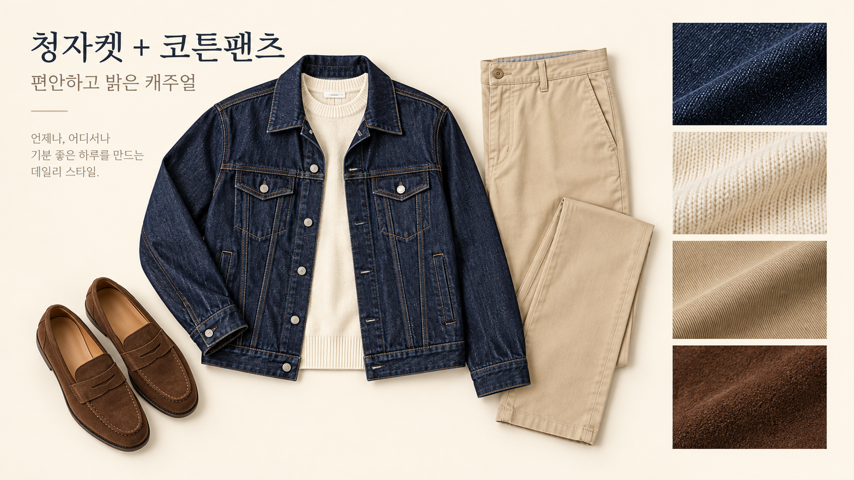청자켓과 밝은 코튼팬츠를 매치한 남성 코디 카드