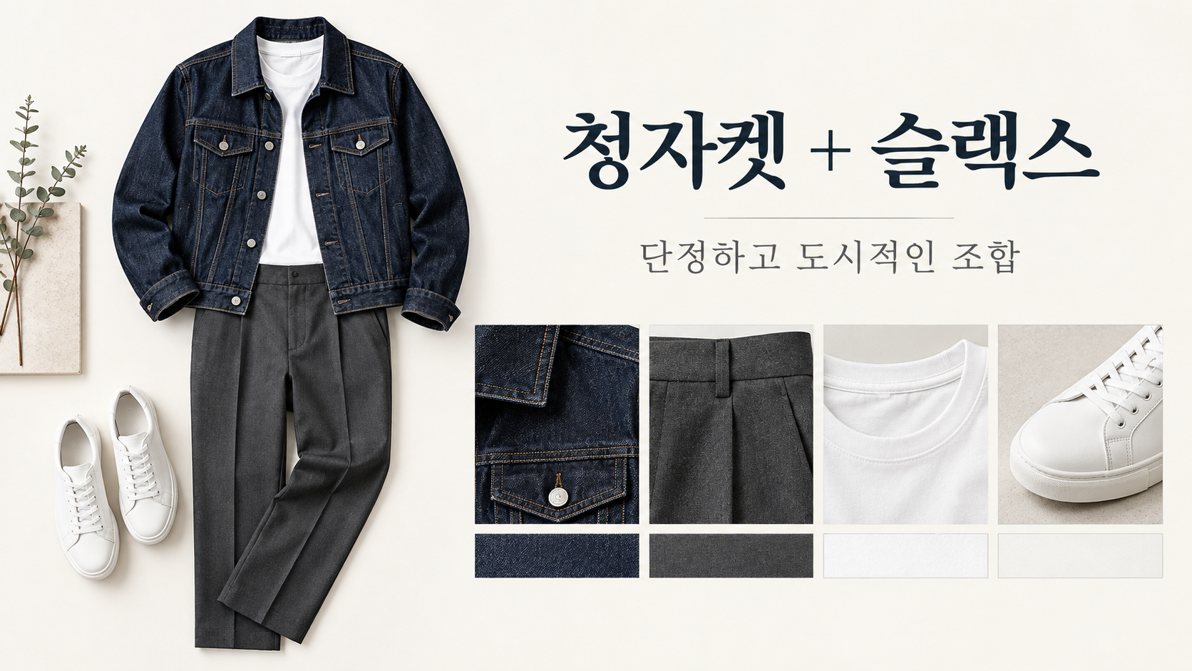 청자켓과 차콜 슬랙스 조합을 보여 주는 남성 코디 카드