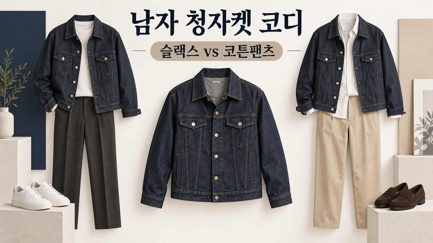청자켓 슬랙스와 코튼팬츠 코디를 비교한 남성 패션 정보카드