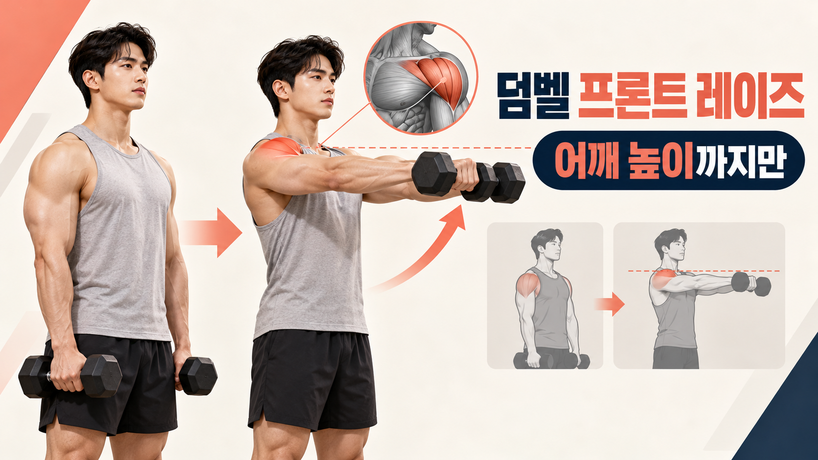 덤벨 프론트 레이즈 동작과 어깨 높이 기준 정보카드
