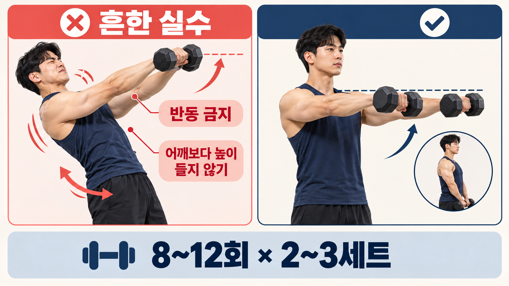 덤벨 프론트 레이즈 흔한 실수와 올바른 동작 비교 정보카드