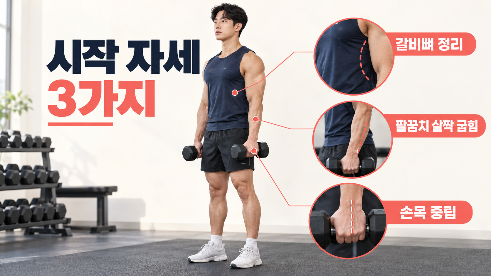 덤벨 프론트 레이즈 시작 자세 세 가지 정보카드