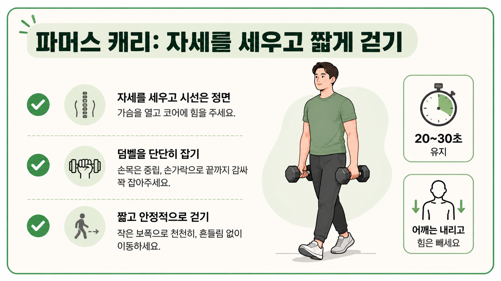 덤벨을 들고 바른 자세로 걷는 파머스 캐리 정보카드