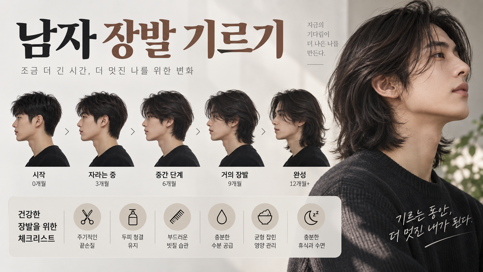 남자 장발 성장 과정과 관리 항목을 보여 주는 한국형 정보카드