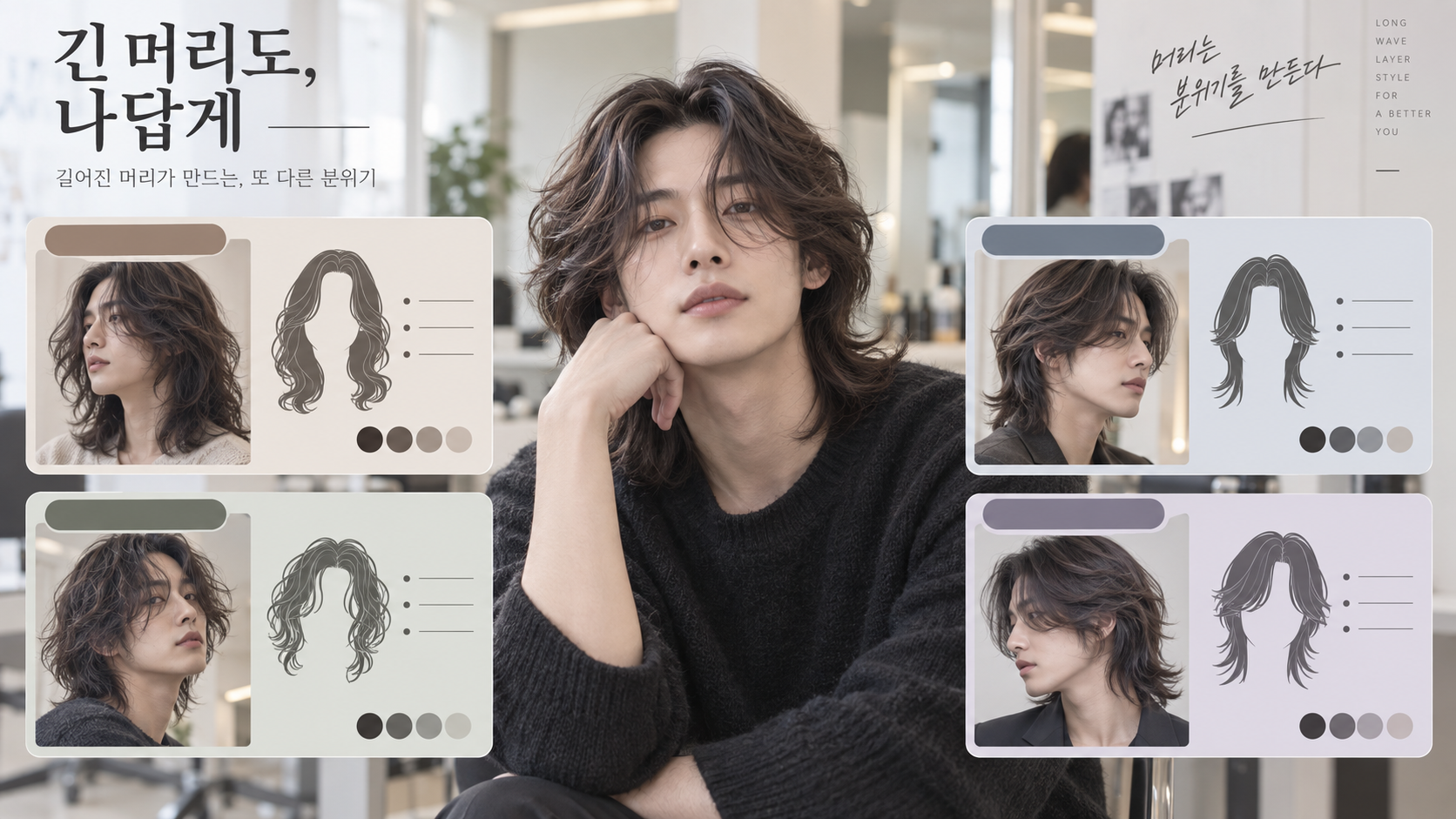 남자 장발 리프컷 애즈펌 허쉬컷 비교 한국형 정보카드
