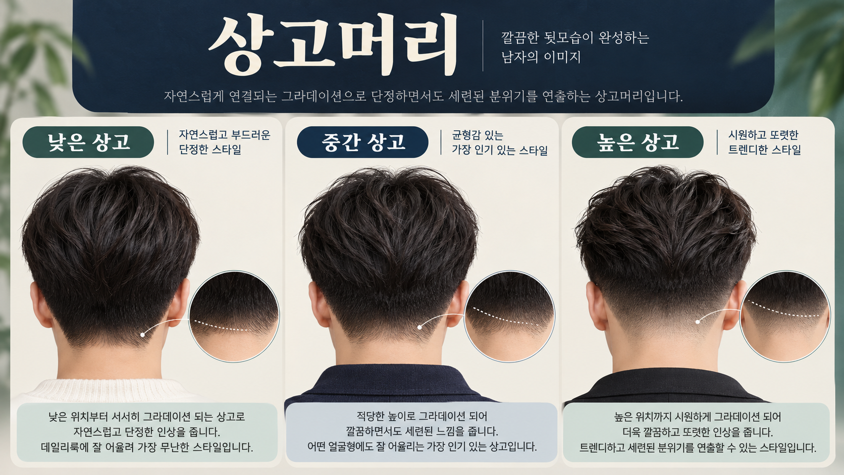 낮은 상고, 중간 상고, 높은 상고의 남자 뒷머리 비교