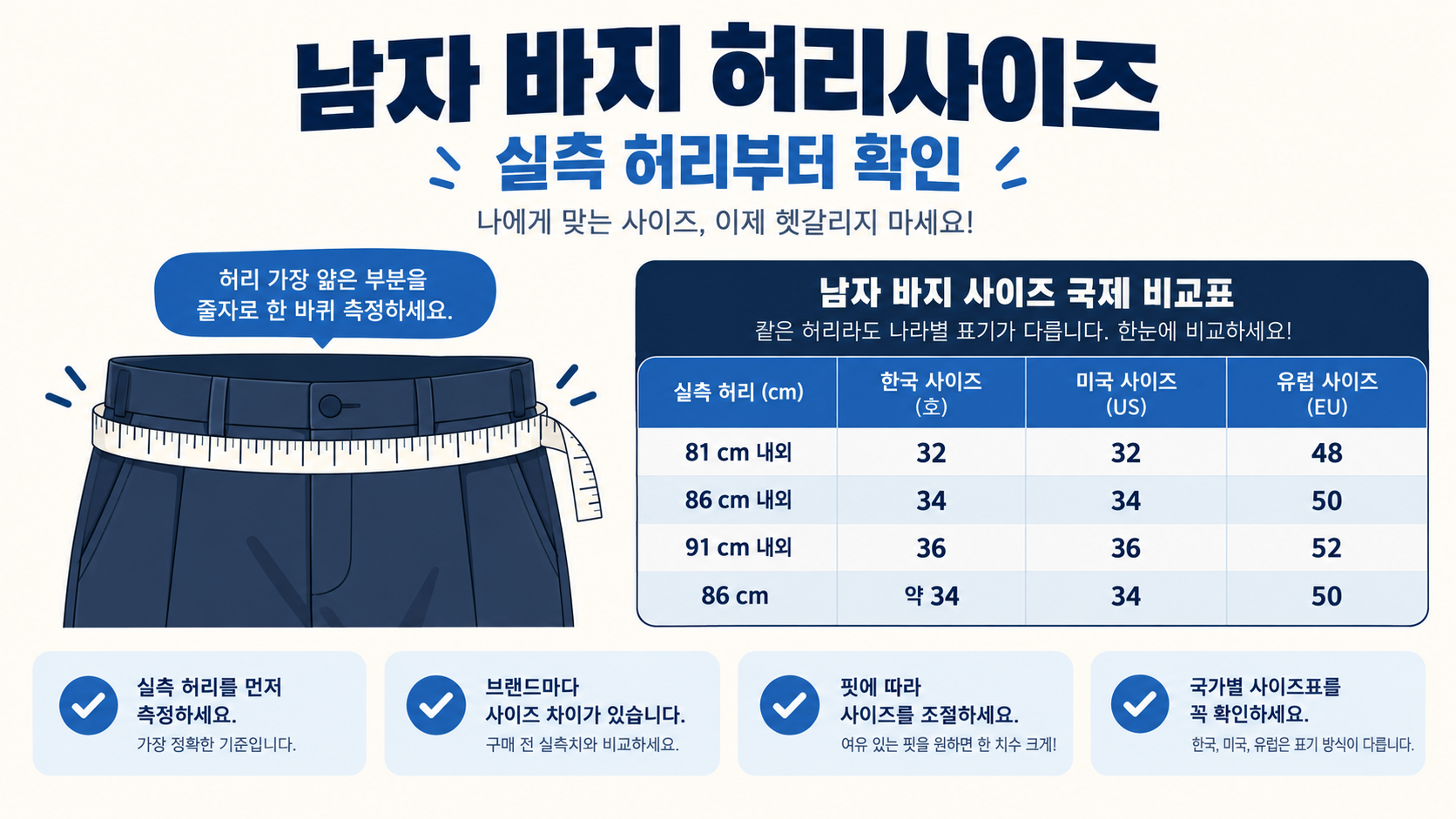 남자 바지 허리사이즈 32 34 36과 86을 비교하는 한국형 정보카드