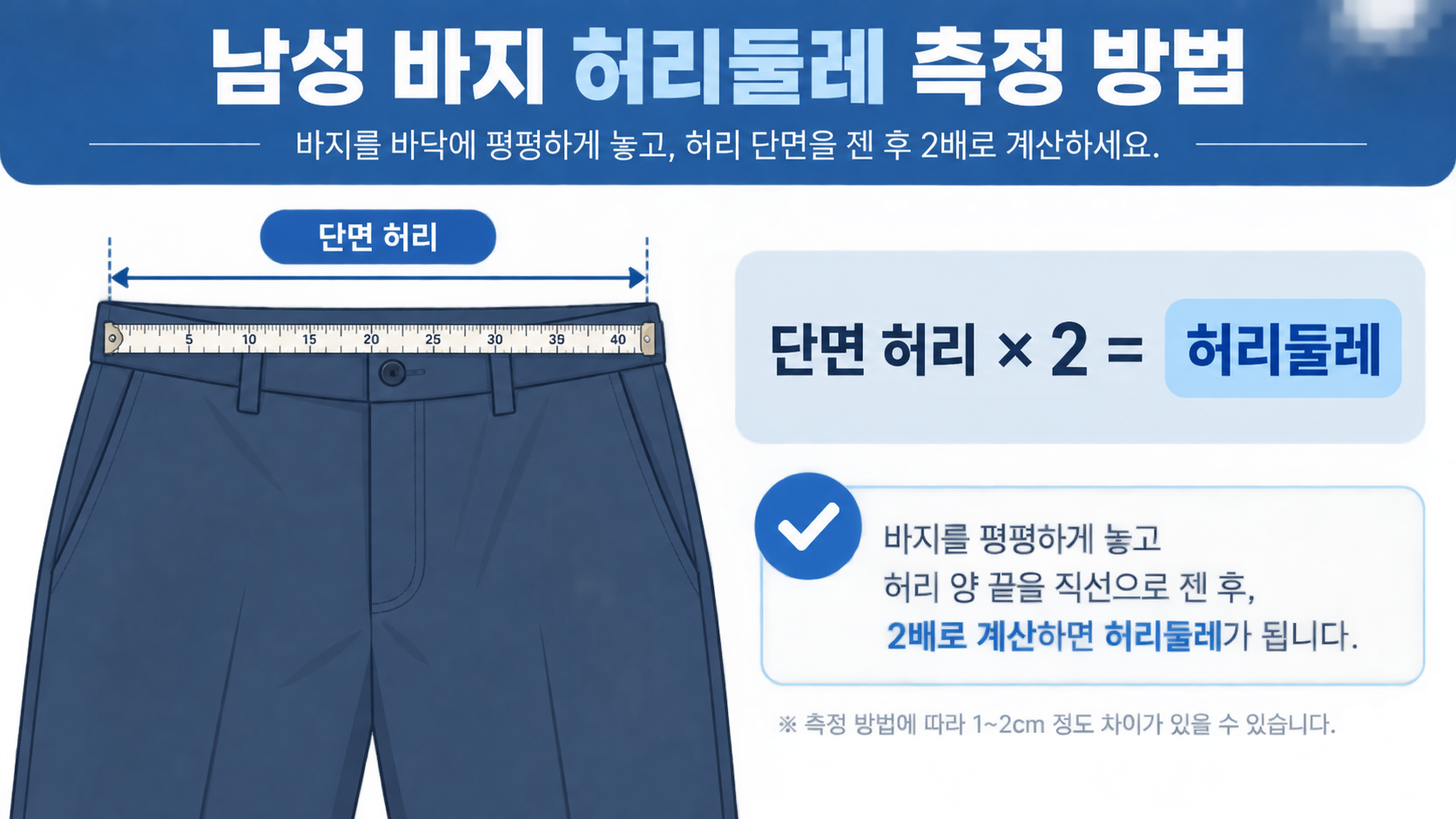 바지 허리 단면을 재는 위치를 보여 주는 안내 이미지