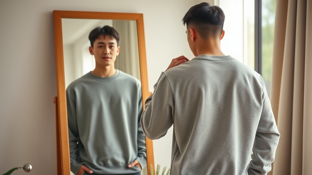 거울 앞에서 맨투맨 어깨와 소매 핏을 확인하는 장면