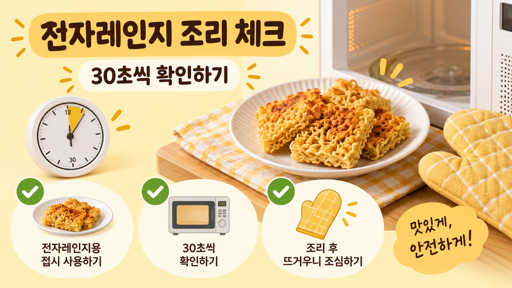 전자레인지 라면땅 조리에서 30초씩 확인하고 뜨거운 접시를 조심하는 방법을 보여 주는 정보카드