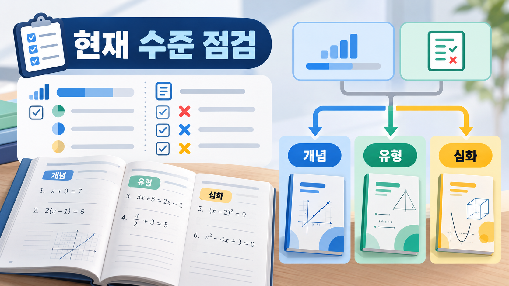 개념 유형 심화로 중학 수학 문제집을 고르는 수준 점검 정보카드