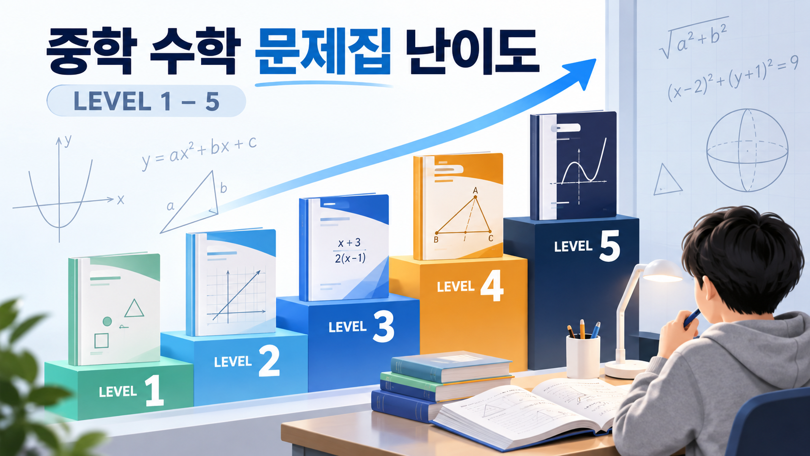 중학 수학 문제집 난이도를 다섯 단계로 보여 주는 정보카드